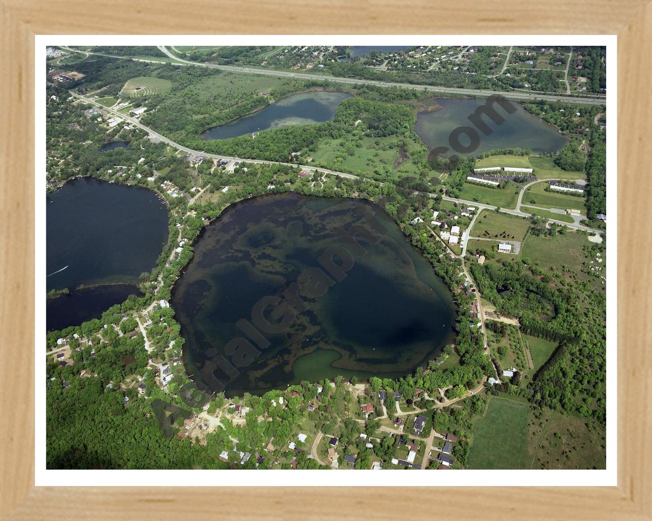 Aerial image of [107] Briggs Lake in Livingston, MI with Natural Wood frame