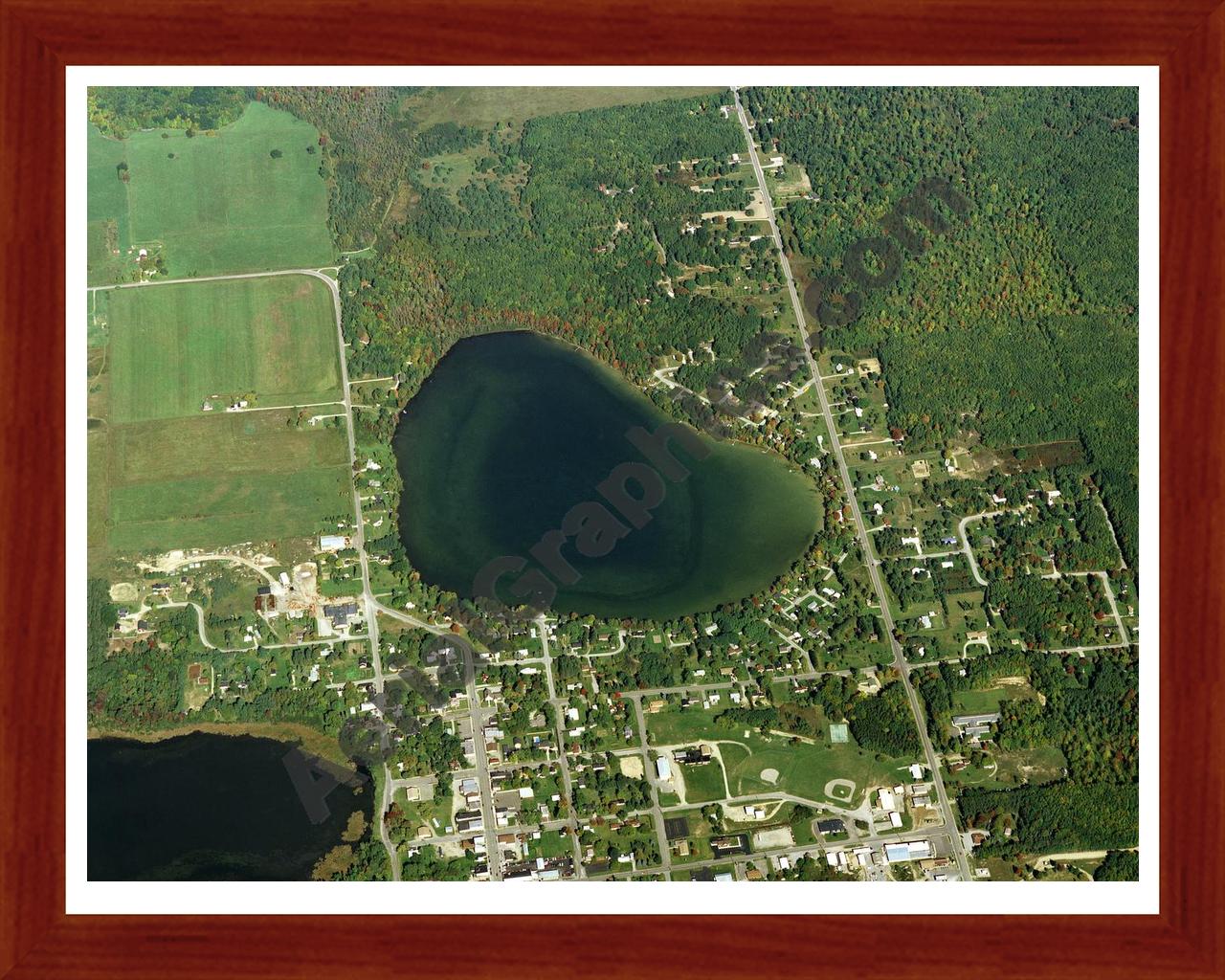 Aerial image of [113] Brownlee Lake in Alcona, MI with Cherry Wood frame