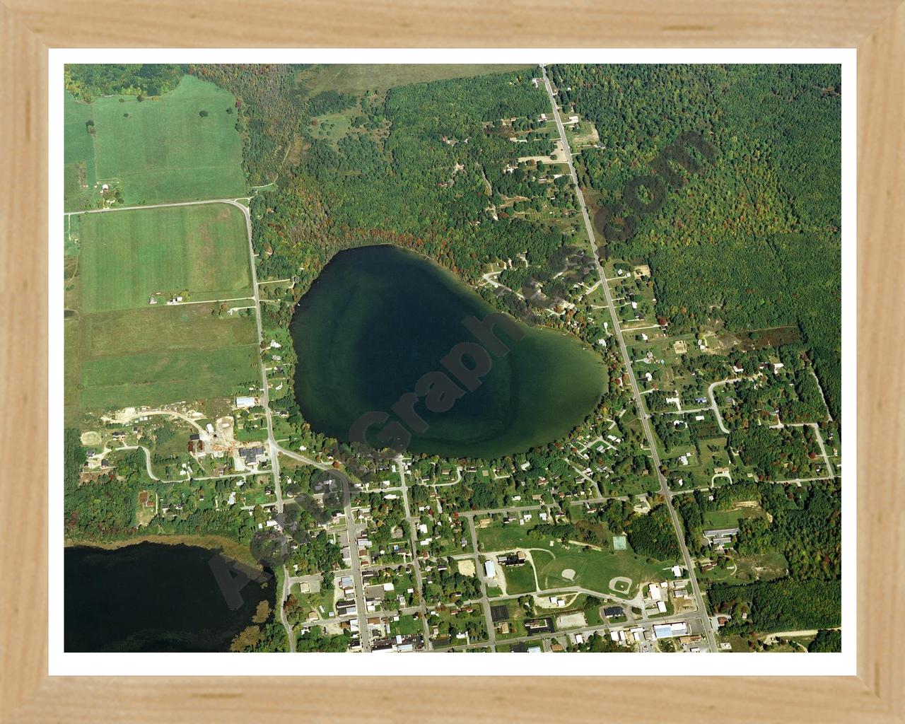 Aerial image of [113] Brownlee Lake in Alcona, MI with Natural Wood frame