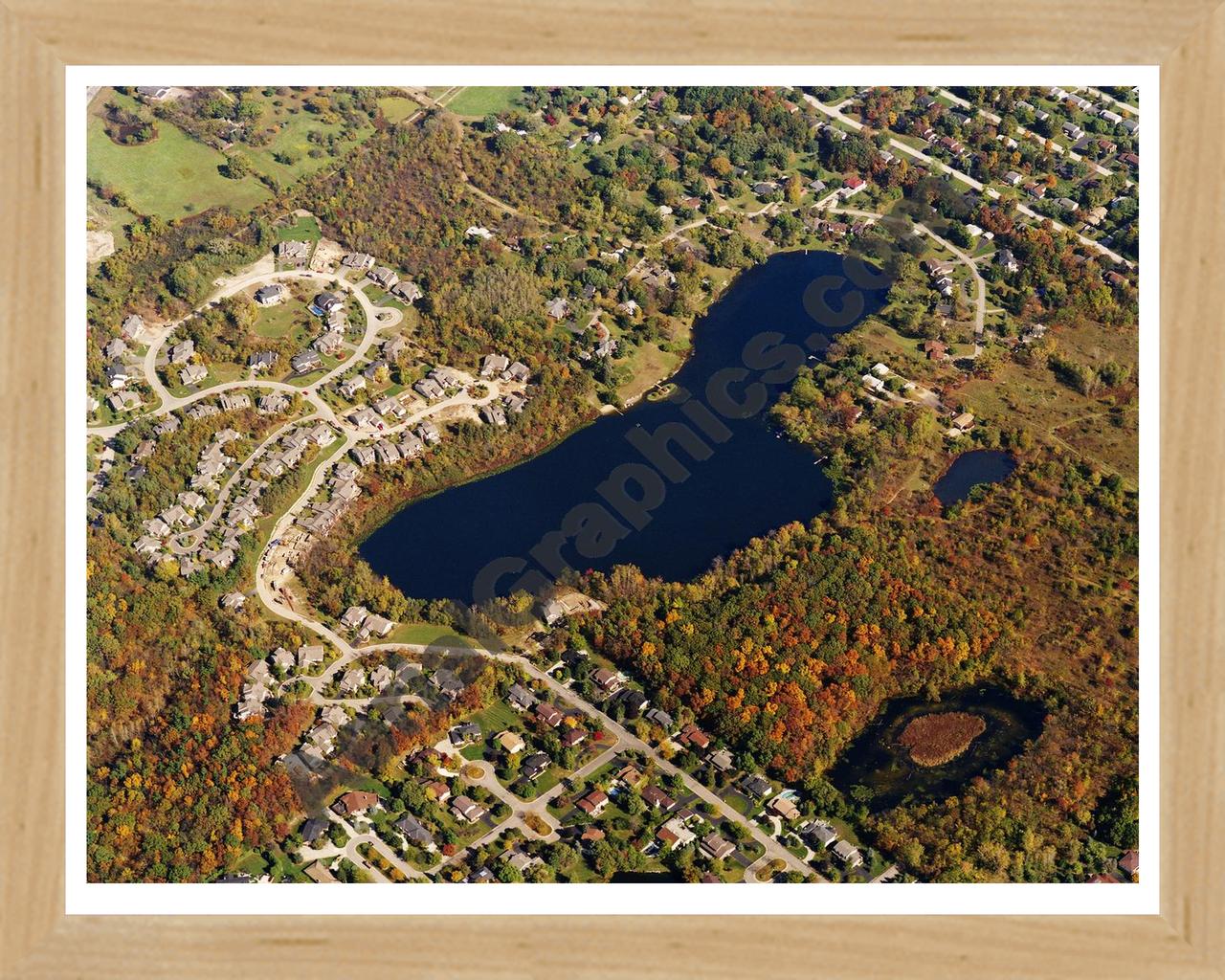 Aerial image of [1234] Morris Lake in Oakland, MI with Natural Wood frame