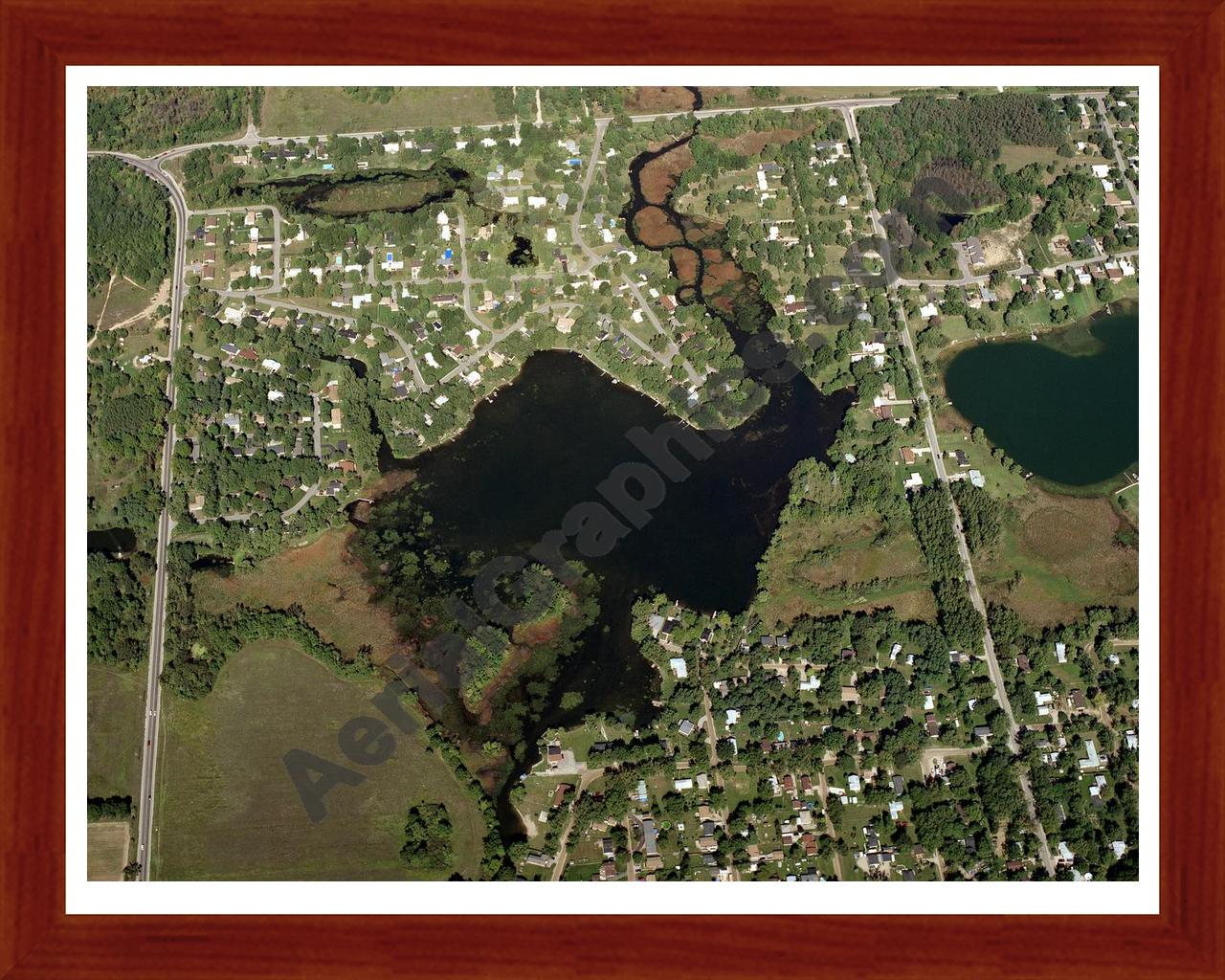 Aerial image of [1369] Fox Lake in Oakland, MI with Cherry Wood frame