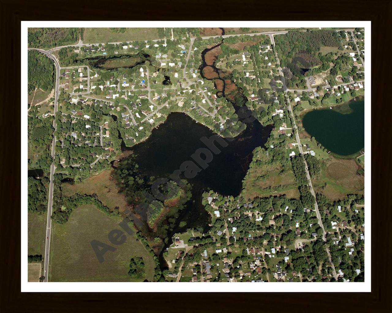 Aerial image of [1369] Fox Lake in Oakland, MI with Black Wood frame