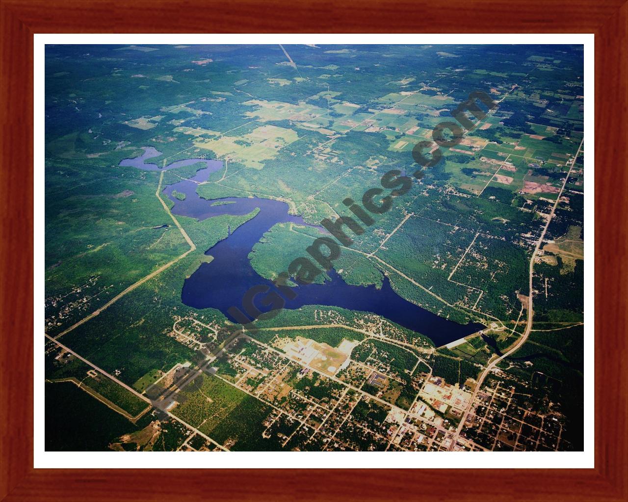 Aerial image of [1429] Mio Dam Pond in Oscoda, MI with Cherry Wood frame