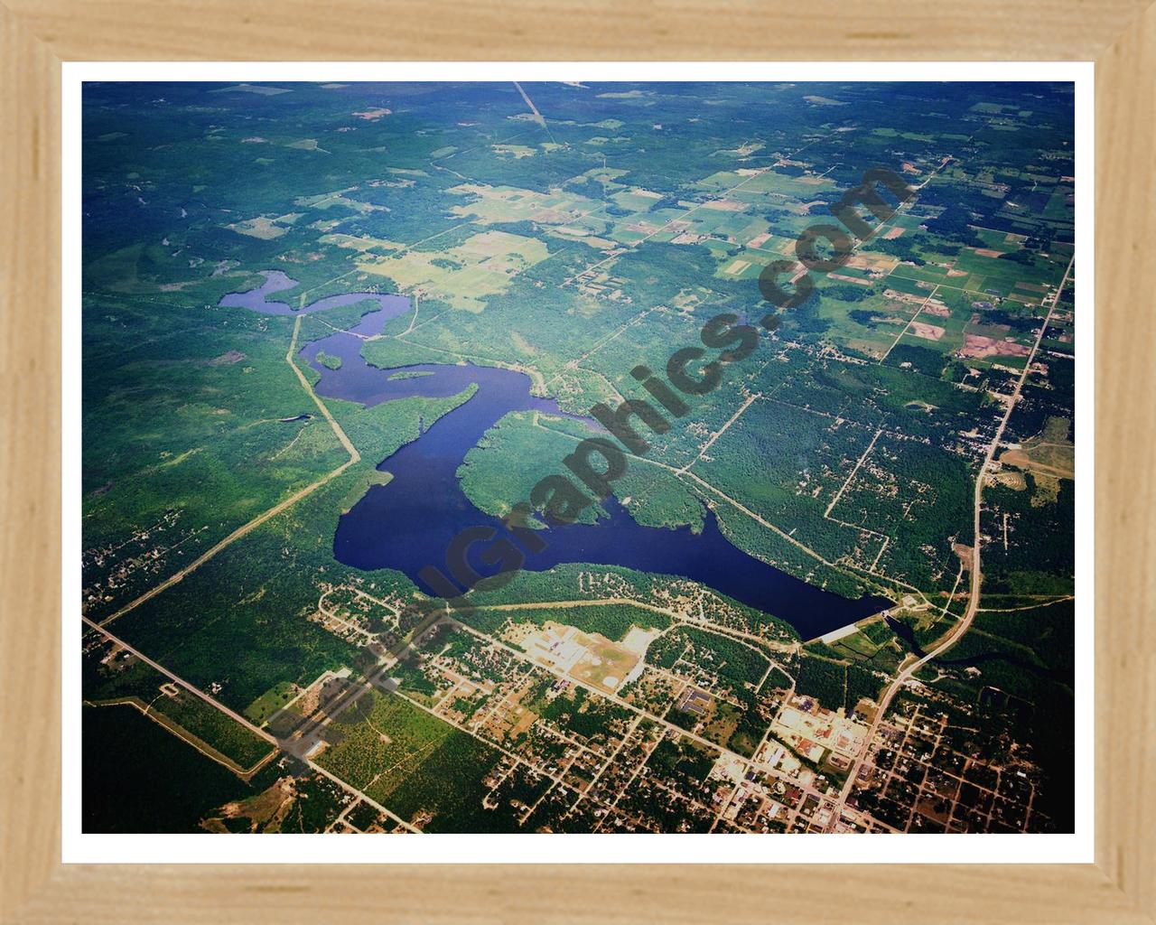 Aerial image of [1429] Mio Dam Pond in Oscoda, MI with Natural Wood frame