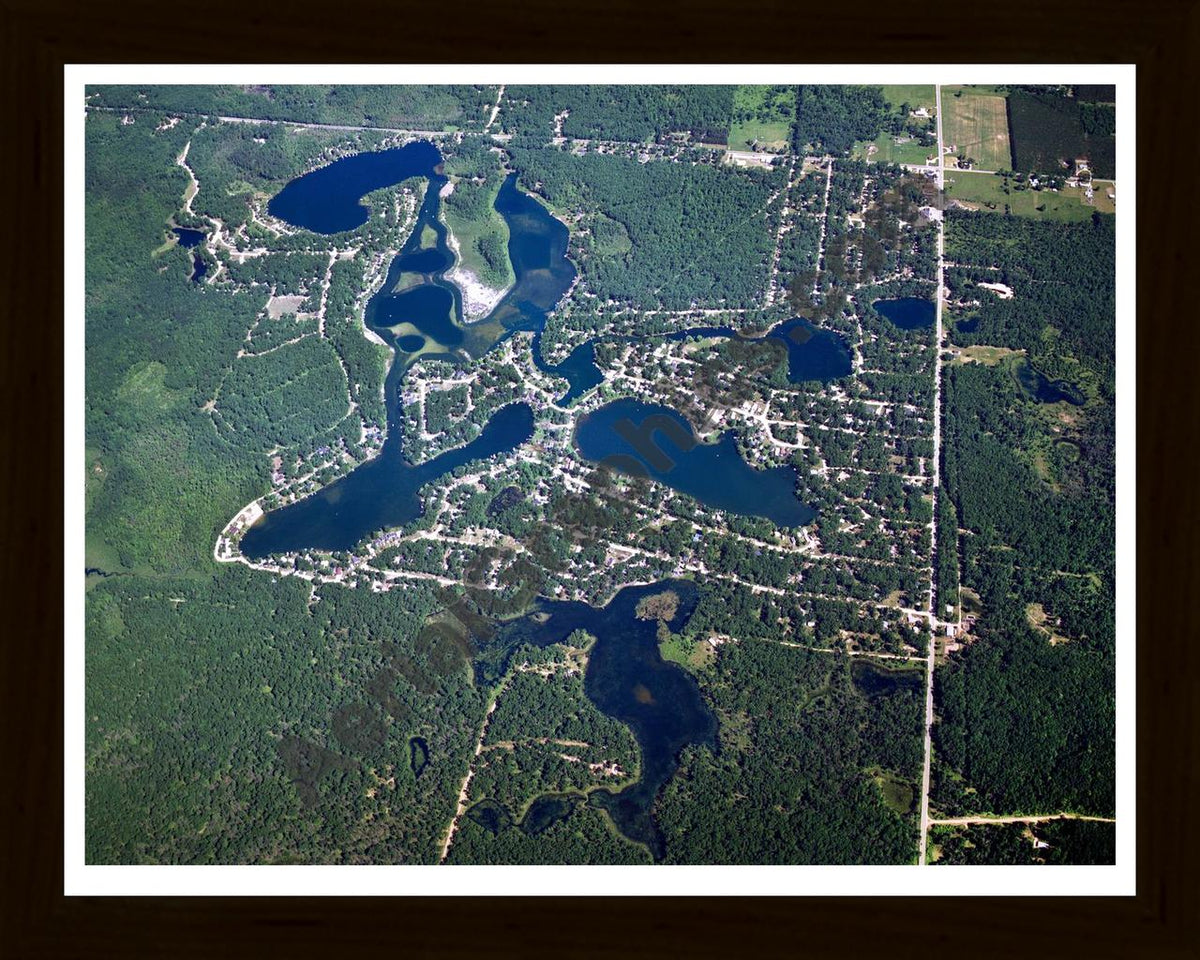 Aerial image of [1450] Townline Lake, Boathouse Lake & Others in Clare, MI with Black Wood frame