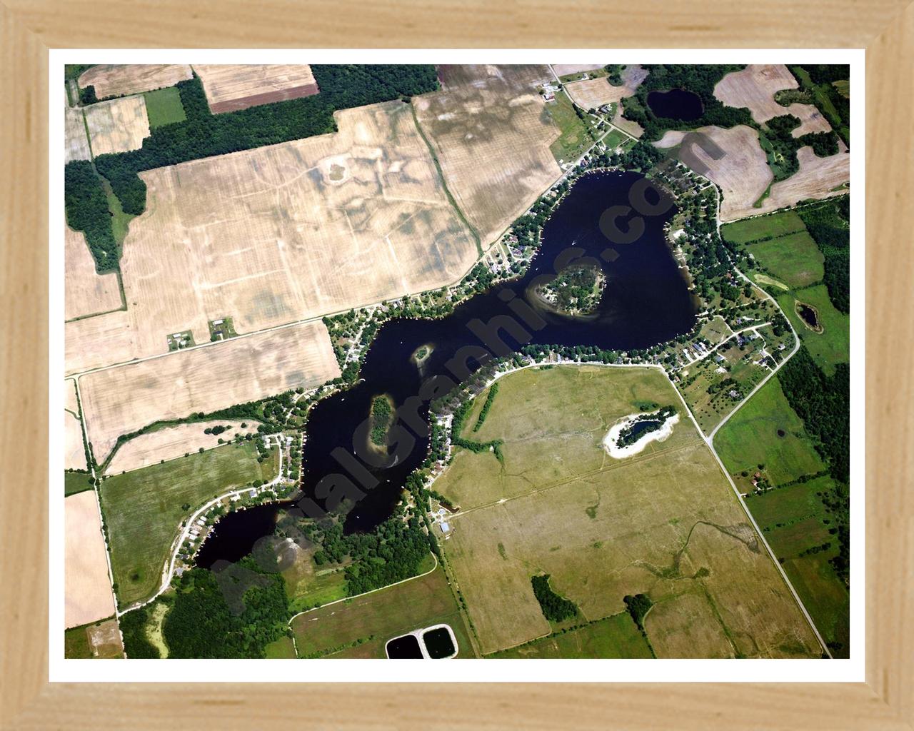 Aerial image of [1482] Posey Lake in Lenawee, MI with Natural Wood frame