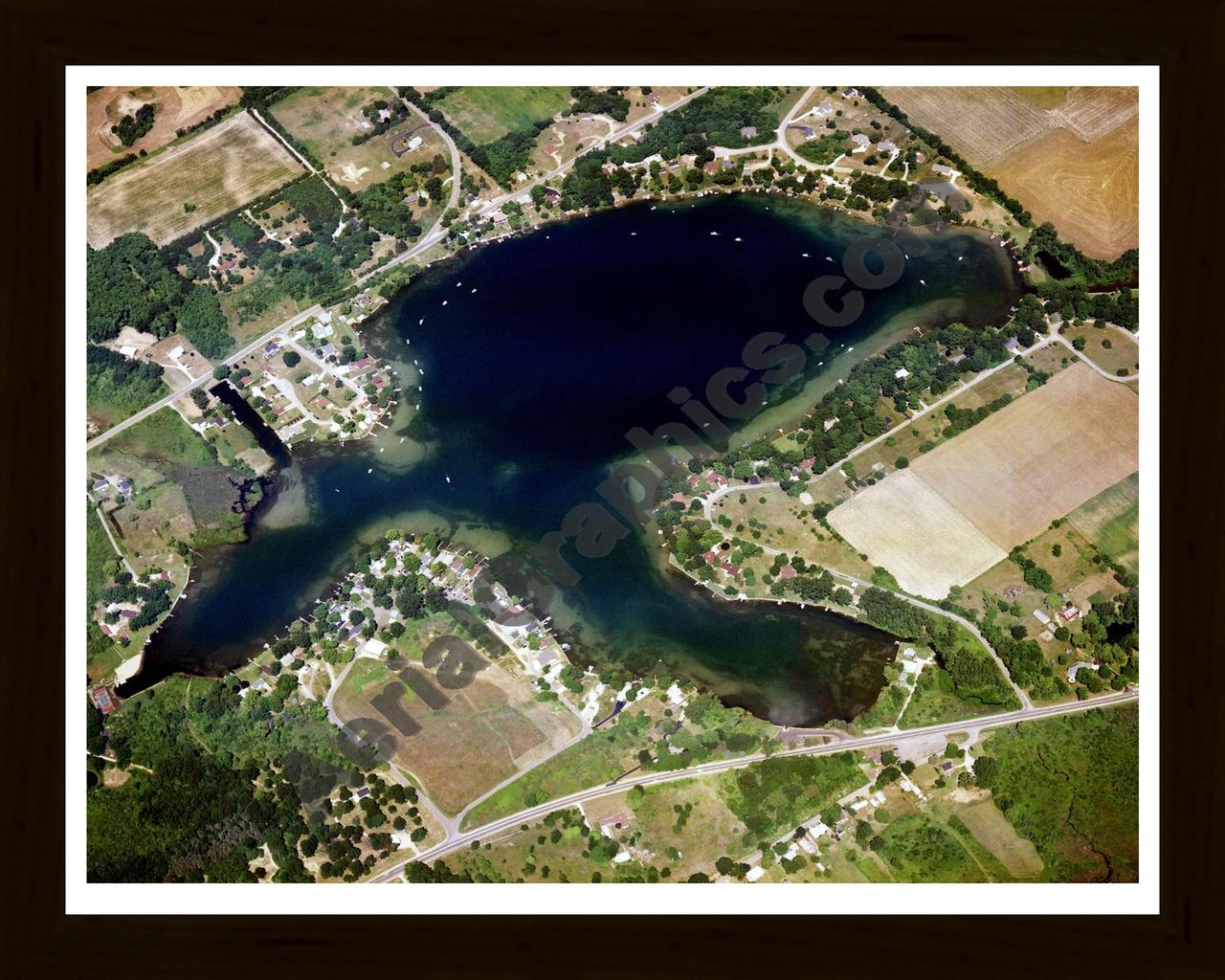 Aerial image of [1498] Omena Lake in St Joseph, MI with Black Wood frame