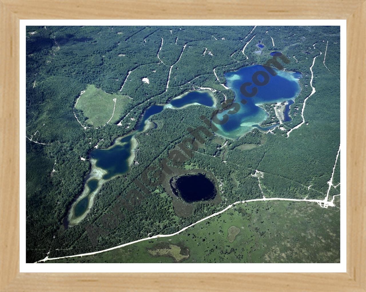 Aerial image of [1556] Guthrie Lake, Marsh Lake & Section One Lake in Otsego, MI with Natural Wood frame