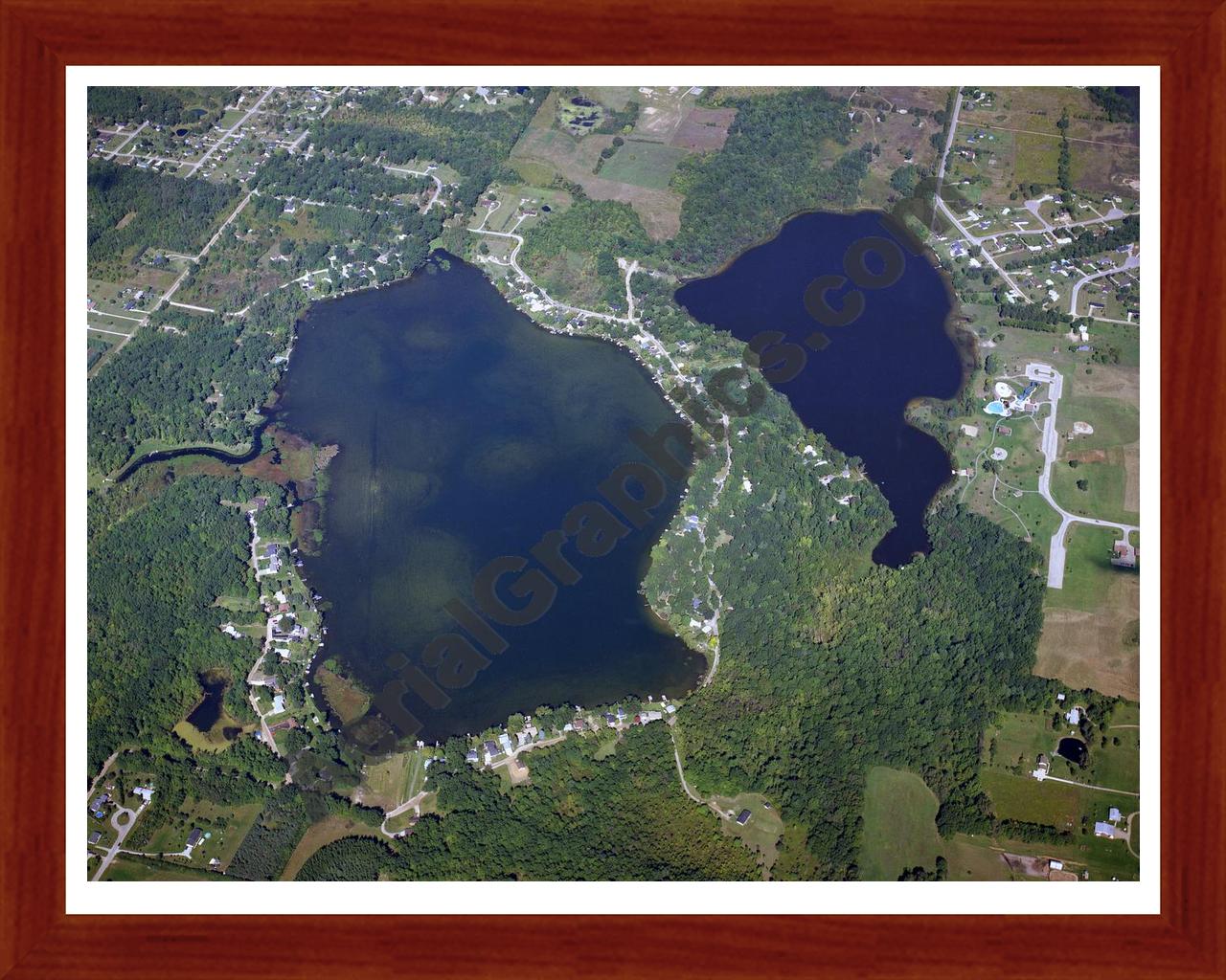 Aerial image of [1592] Pleasant Lake and Pero Lake in Lapeer, MI with Cherry Wood frame