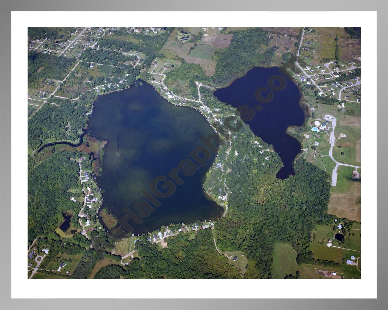 Aerial image of [1592] Pleasant Lake and Pero Lake in Lapeer, MI with Silver Metal frame