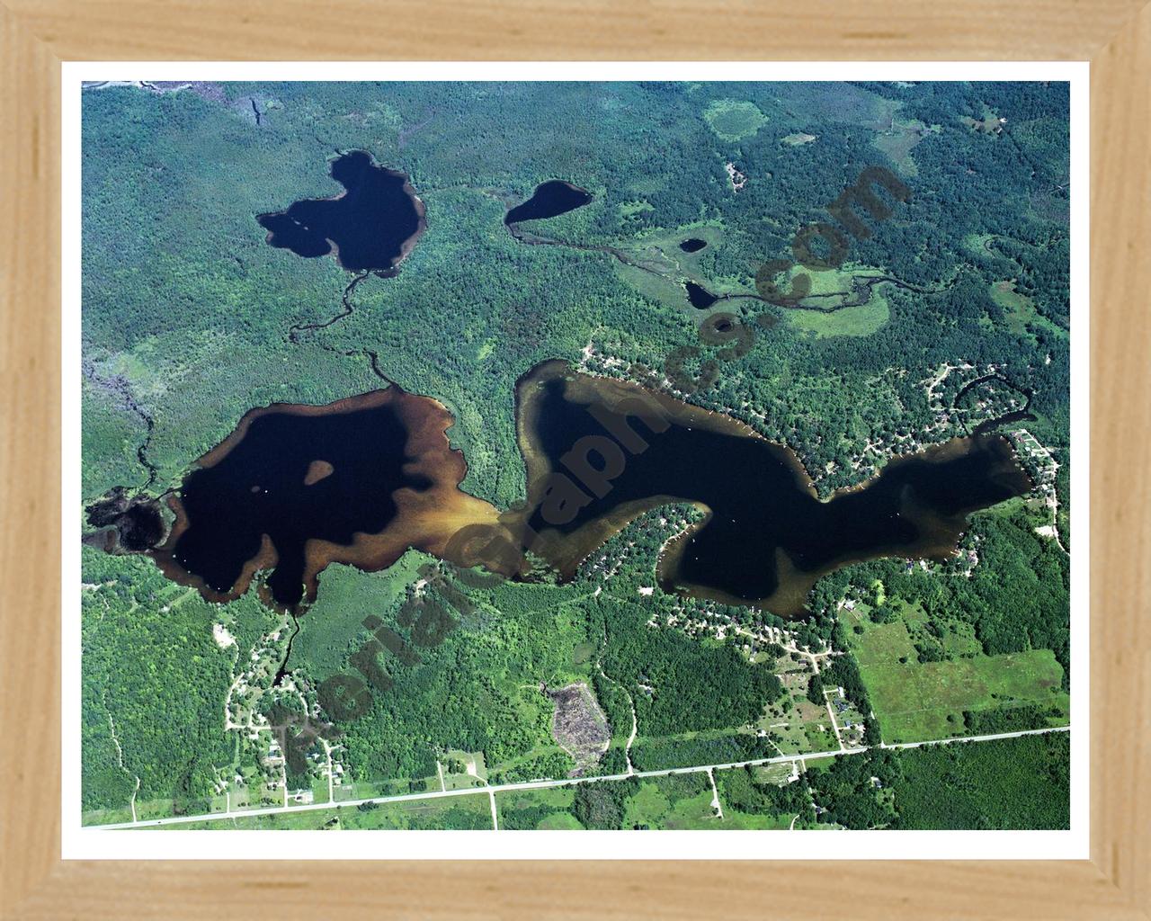 Aerial image of [15] Au Sable Lake and Little Au Sable Lake in Ogemaw, MI with Natural Wood frame