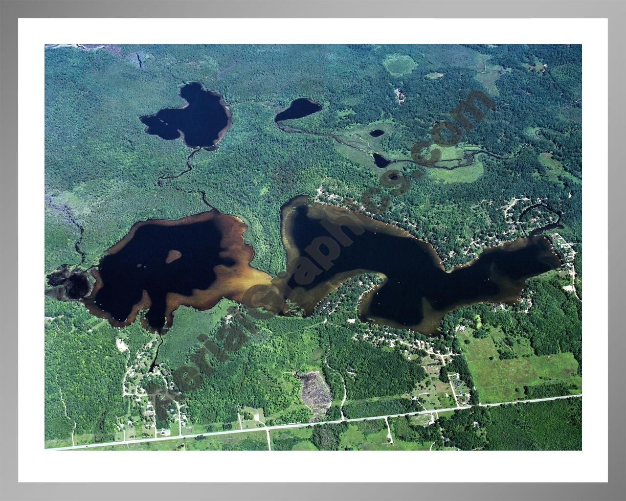 Aerial image of [15] Au Sable Lake and Little Au Sable Lake in Ogemaw, MI with Silver Metal frame