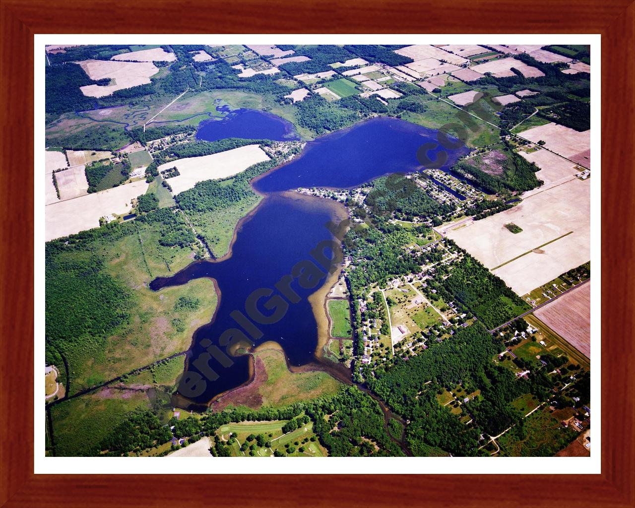 Aerial image of [1776] Juno Lake in Cass, MI with Cherry Wood frame