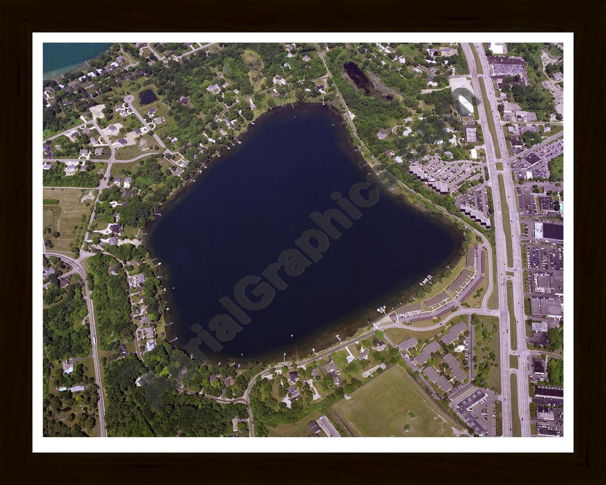 Aerial image of [1831] Square Lake in Oakland, MI with Black Wood frame