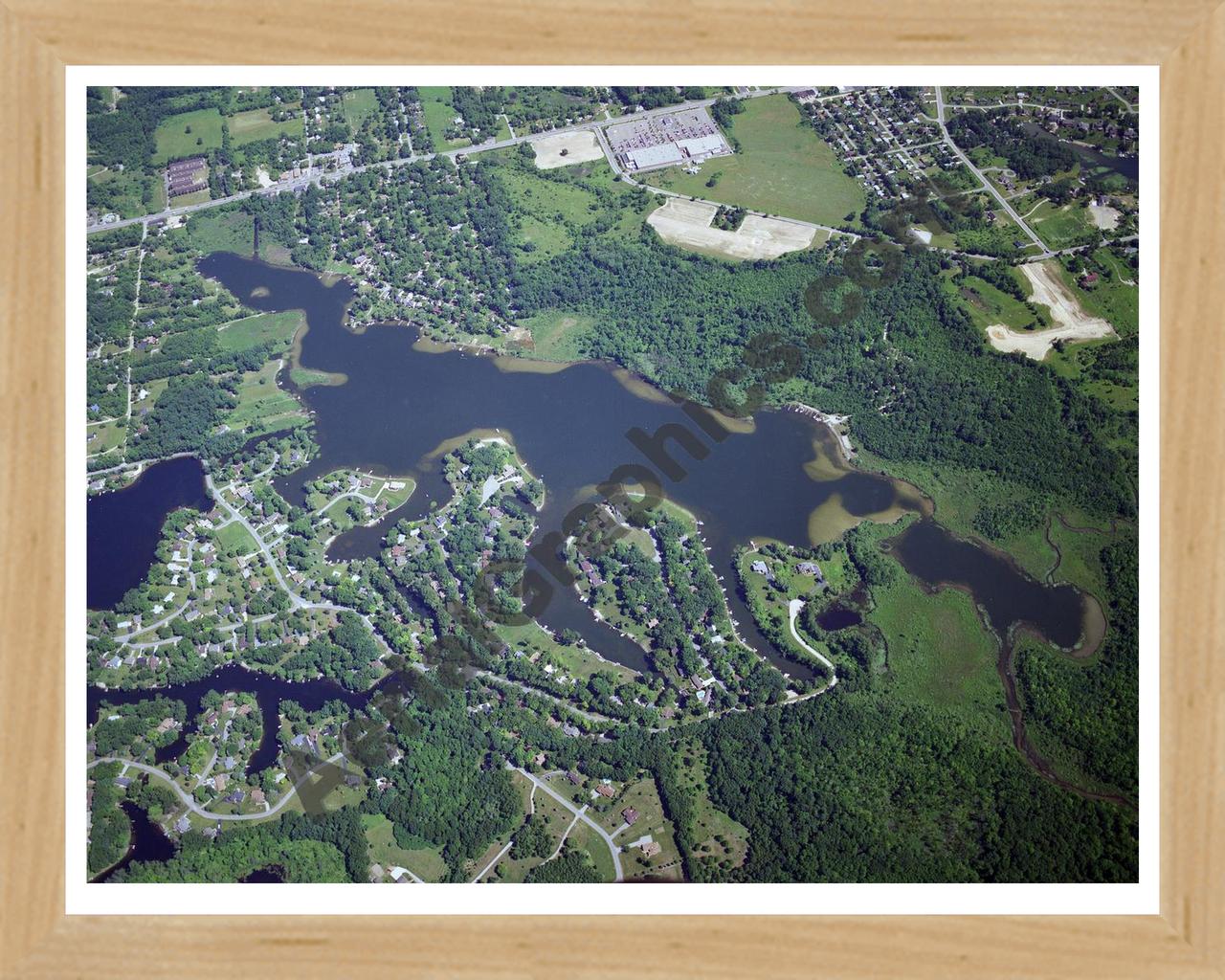 Aerial image of [1832] Brendel Lake in Oakland, MI with Natural Wood frame