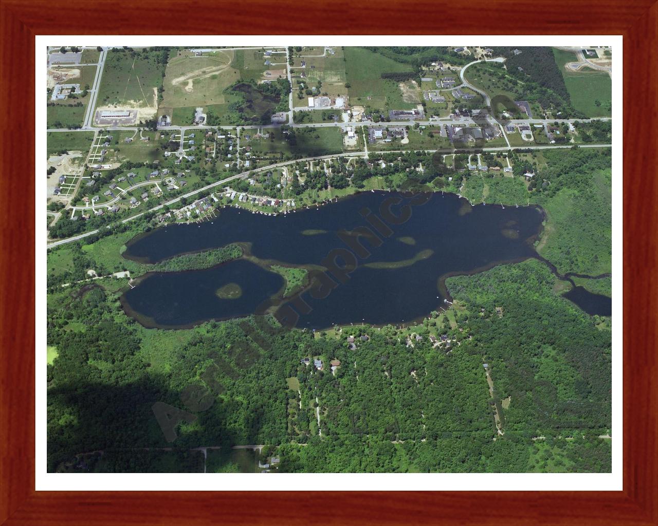 Aerial image of [1839] Lower Pettibone Lake in Oakland, MI with Cherry Wood frame