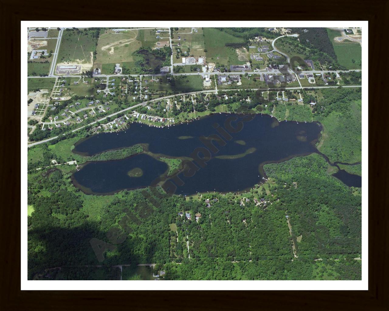 Aerial image of [1839] Lower Pettibone Lake in Oakland, MI with Black Wood frame