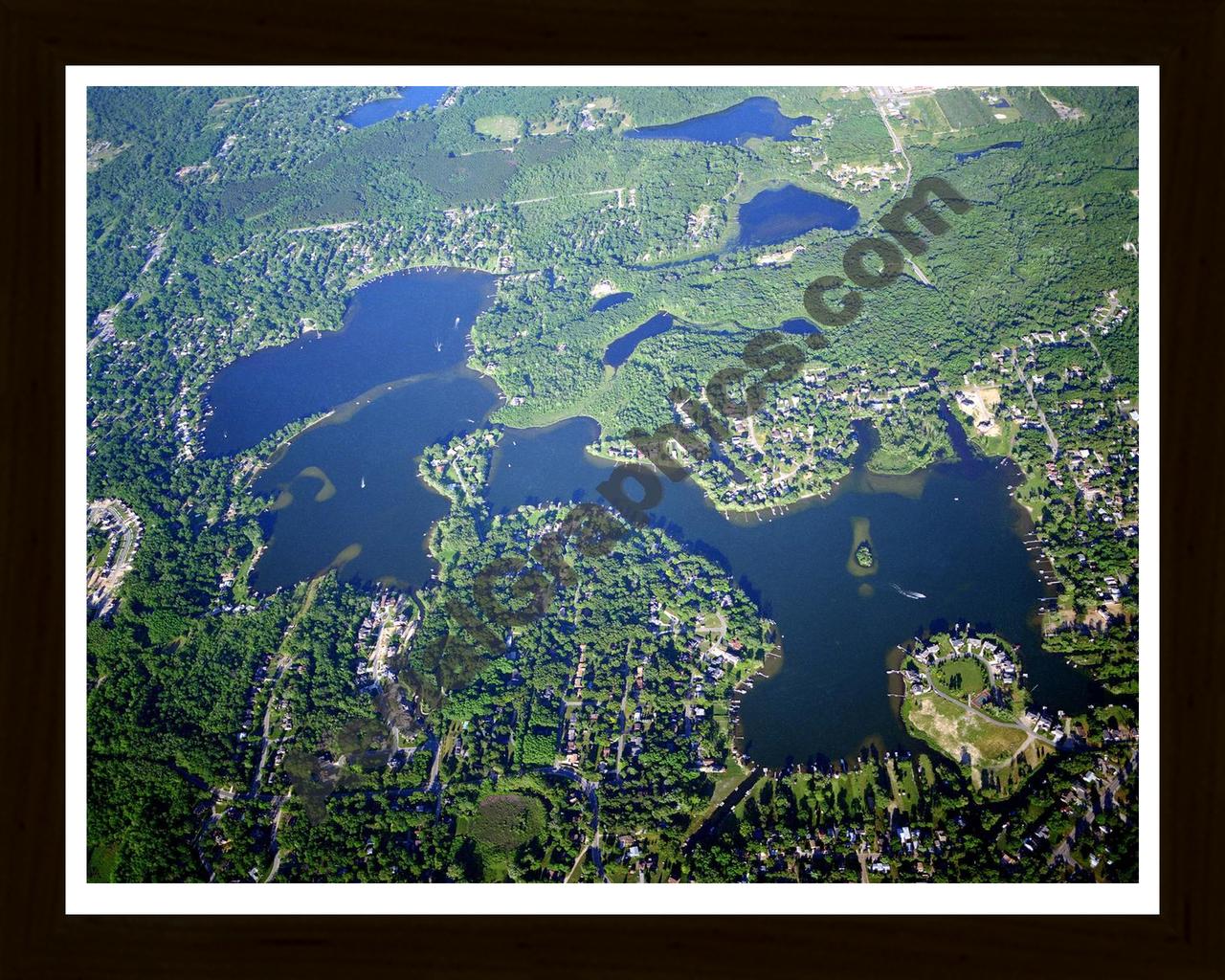 Aerial image of [1860] Commerce Lakes, North & South in Oakland, MI with Black Wood frame