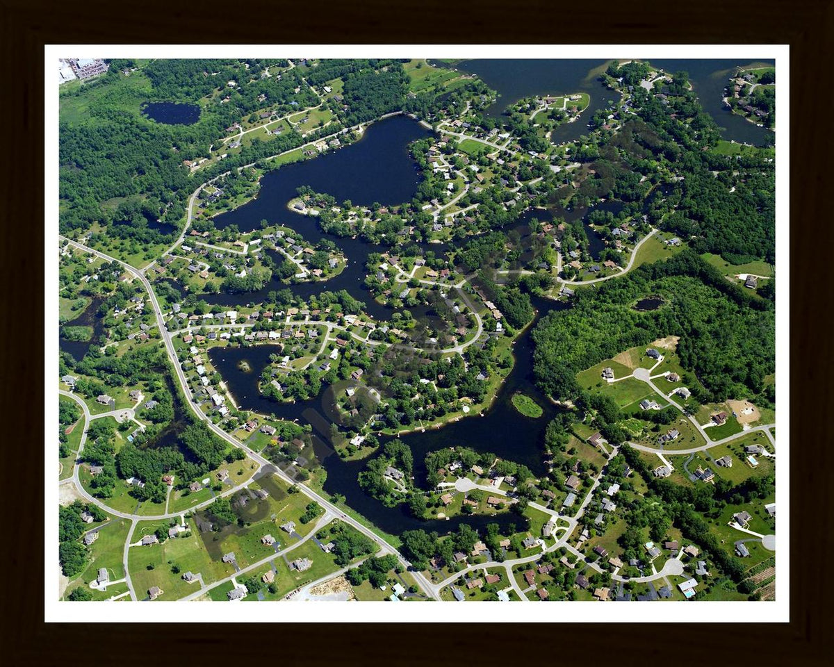 Aerial image of [1869] Lake Neva in Oakland, MI with Black Wood frame