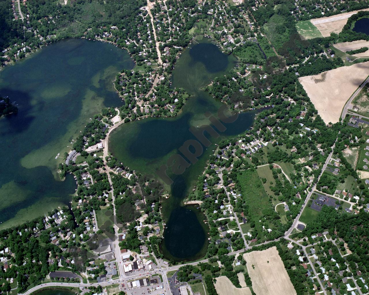 Aerial image of [1884] Cooley Lake in Oakland, MI with Canvas Wrap frame