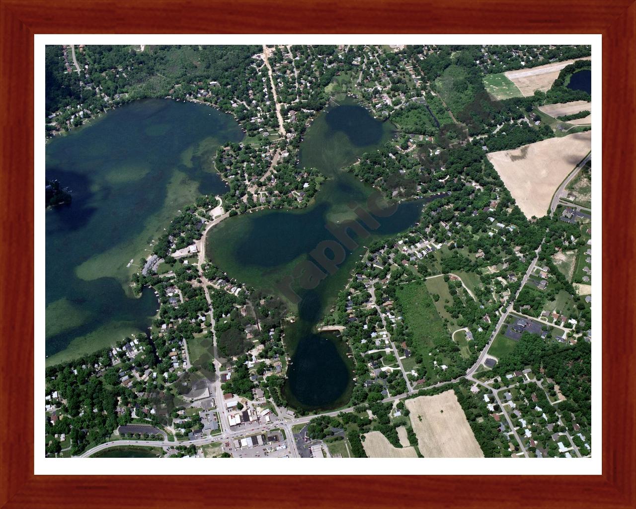 Aerial image of [1884] Cooley Lake in Oakland, MI with Cherry Wood frame