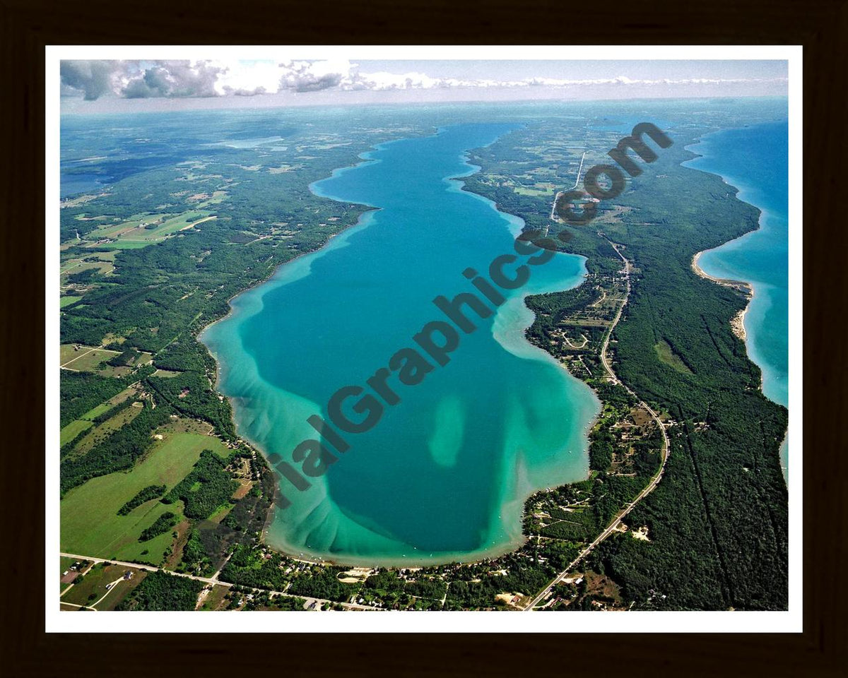 Aerial image of [1943] Torch Lake (Looking South) in Antrim, MI with Black Wood frame