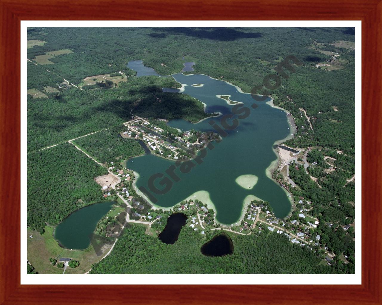 Aerial image of [2009] Littlefield, Sucker & Outlet Lakes in Isabella, MI with Cherry Wood frame