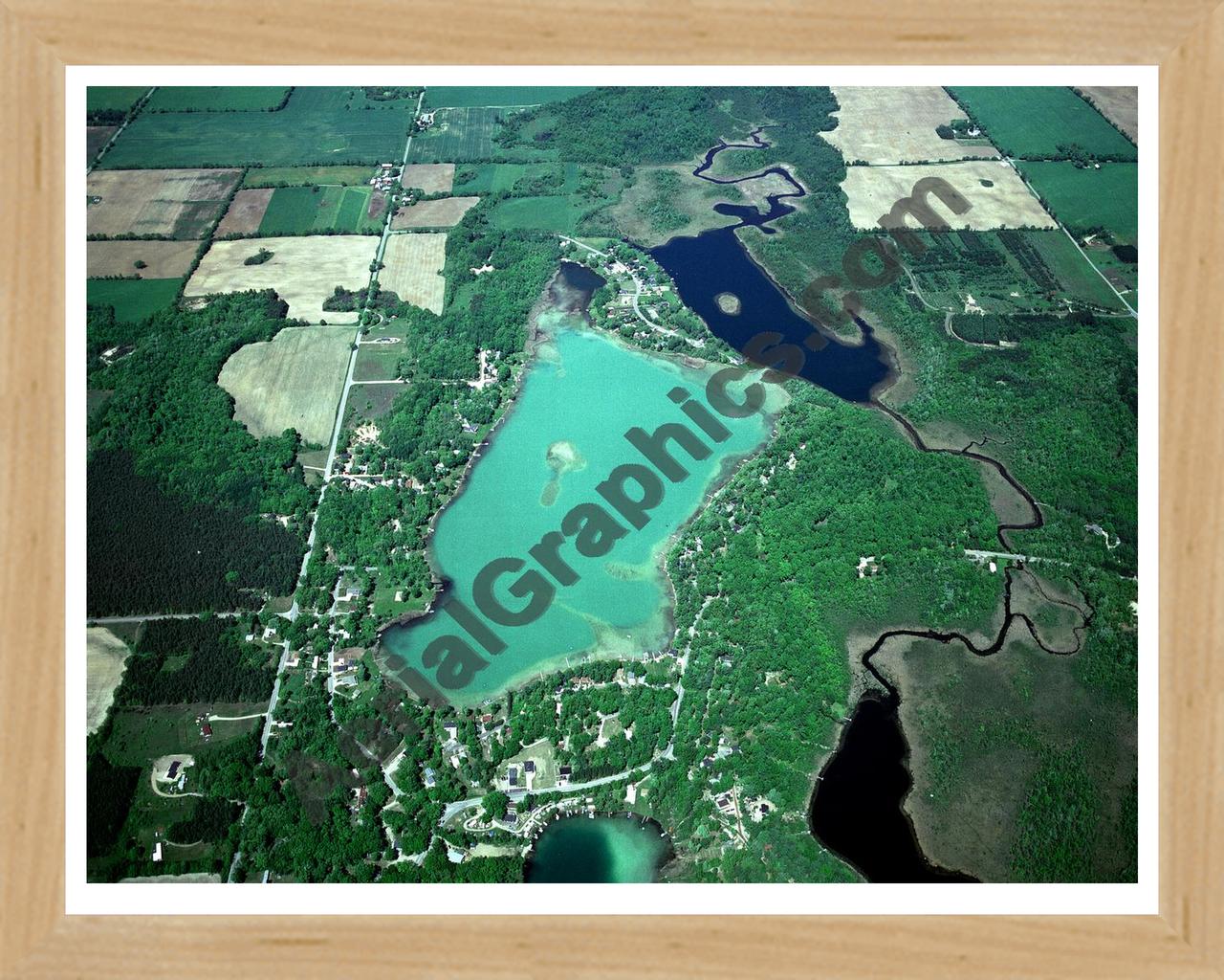 Aerial image of [2137] Maston Lake & Muskellunge Lake in Kent, MI with Natural Wood frame