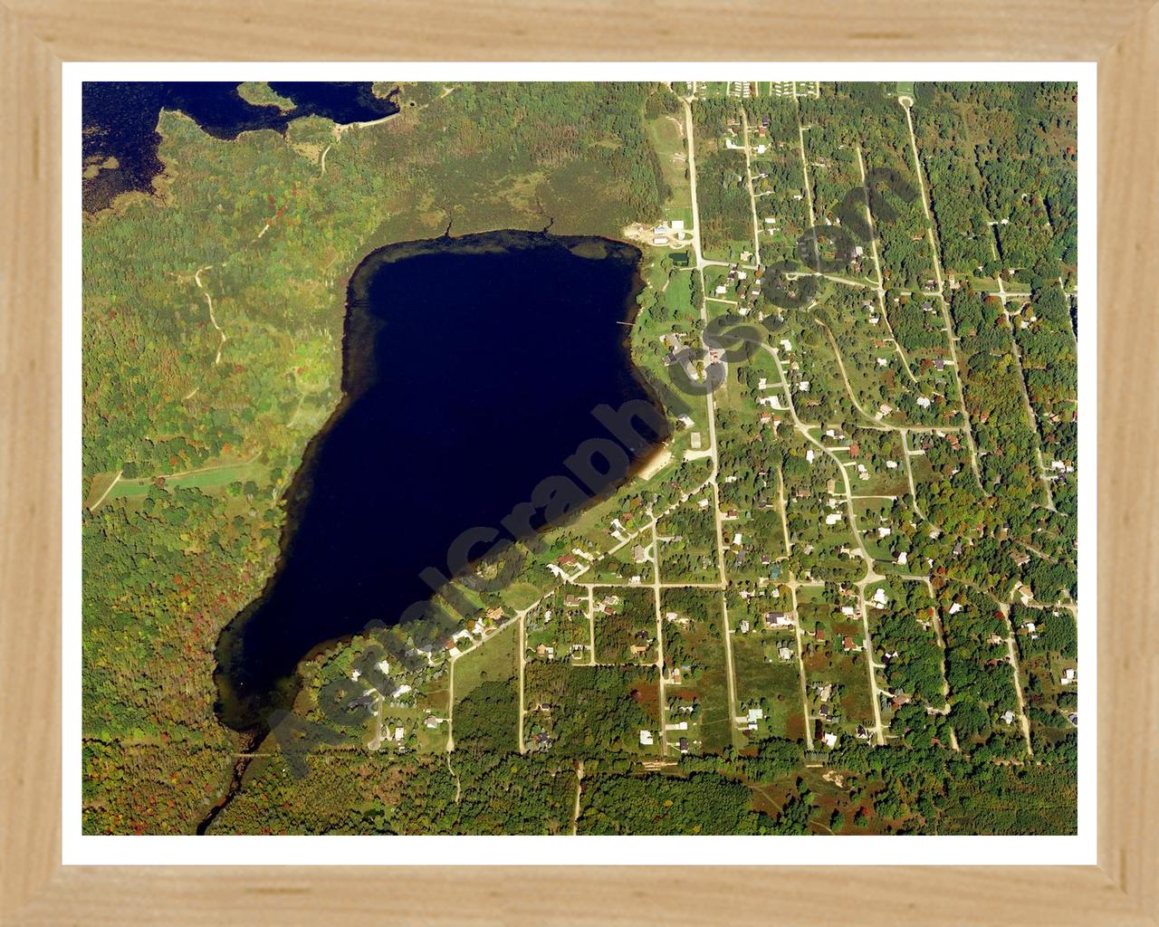 Aerial image of [21] Badger Lake in Alcona, MI with Natural Wood frame