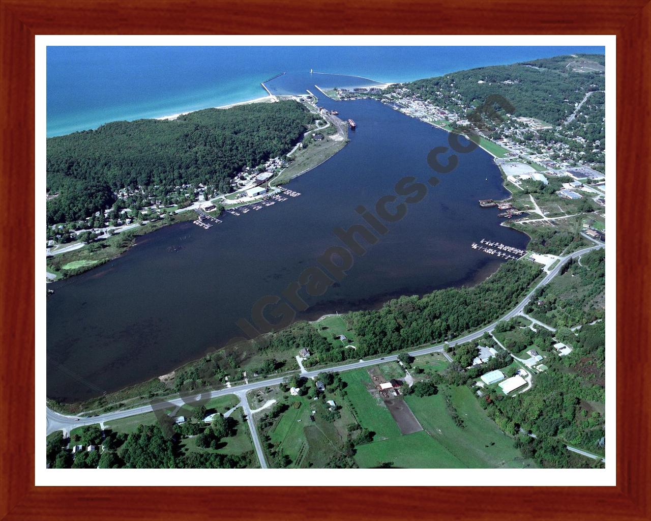 Aerial image of [2273] Betsie Lake & Frankfort City in Benzie, MI with Cherry Wood frame