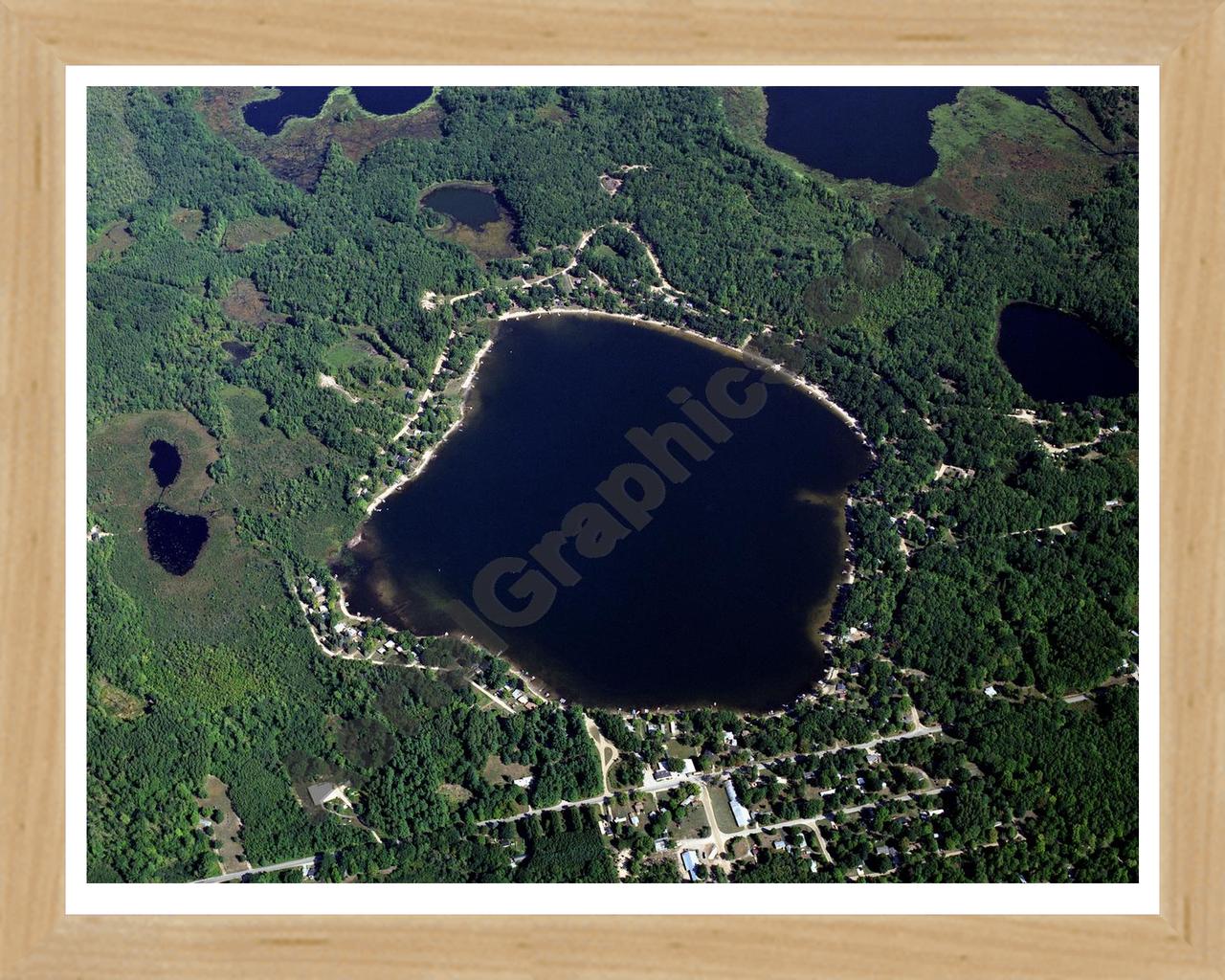 Aerial image of [2277] Pretty Lake in Mecosta, MI with Natural Wood frame