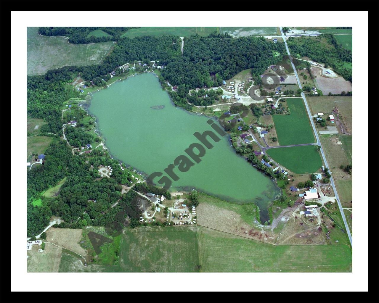 Aerial image of [243] East Lake in Allegan, MI with Black Metal frame