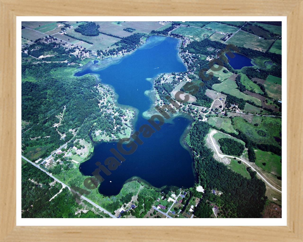 Aerial image of [2465] Pleasant Lake in St Joseph, MI with Natural Wood frame