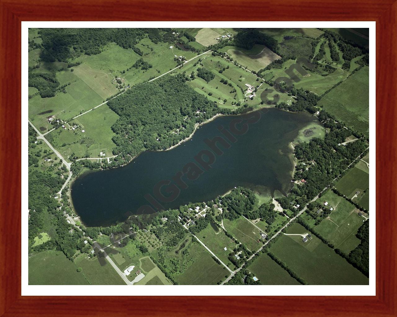 Aerial image of [2487] Clear Lake in Mecosta, MI with Cherry Wood frame