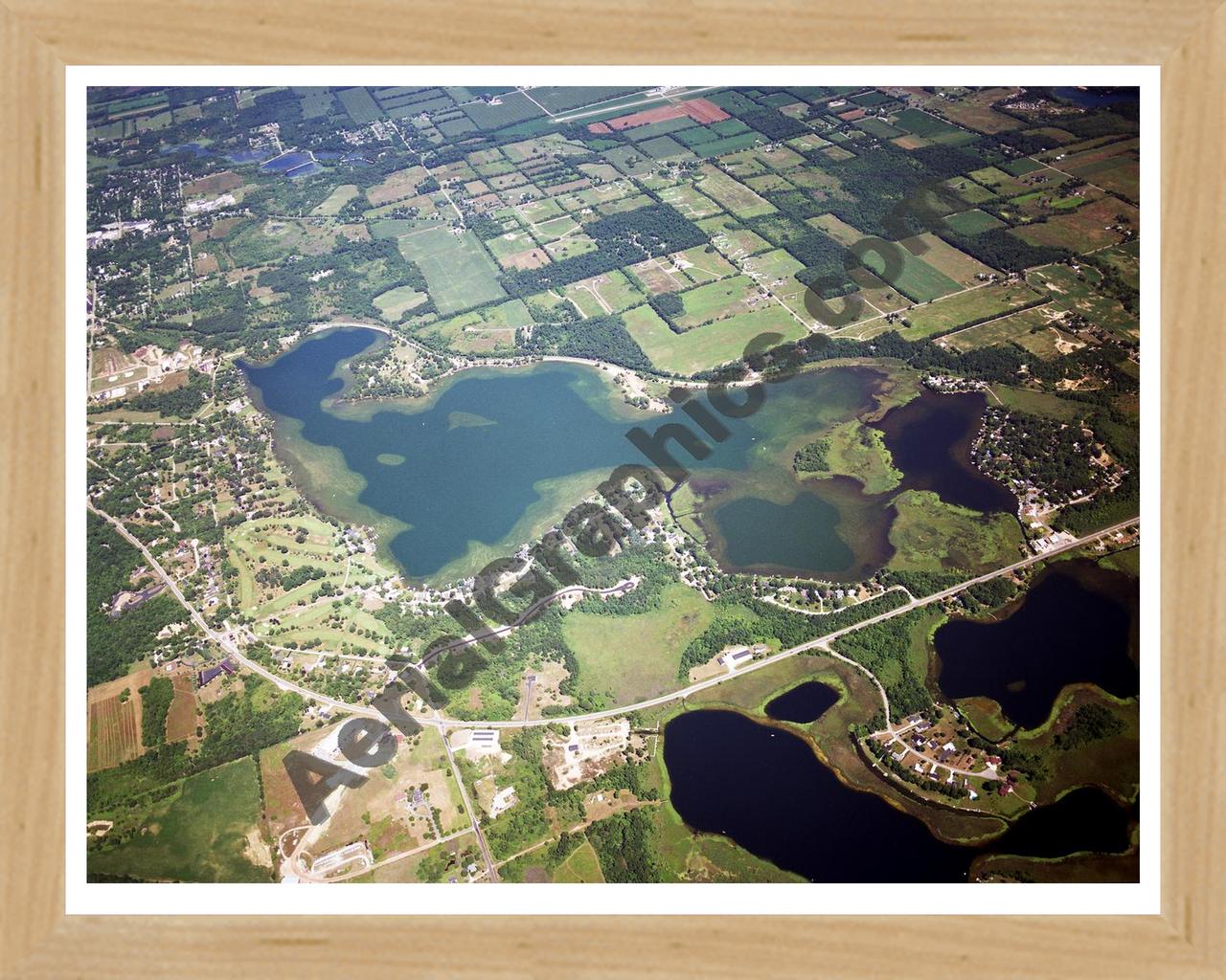 Aerial image of [2534] Baw Beese Lake in Hillsdale, MI with Natural Wood frame