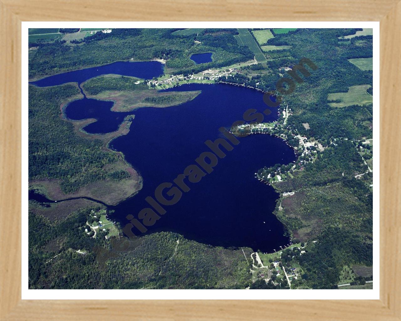 Aerial image of [268] Big Fish Lake in Cass, MI with Natural Wood frame