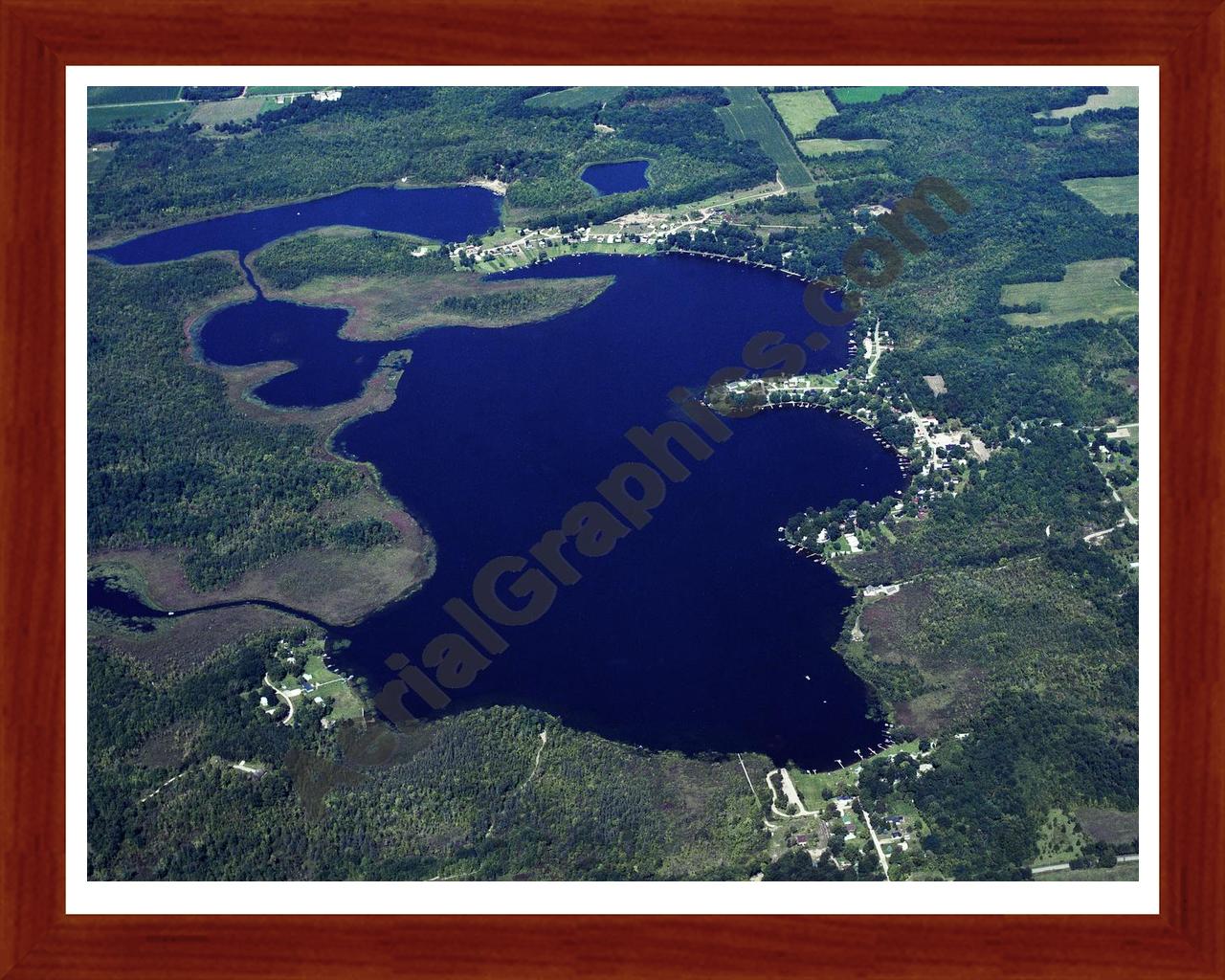 Aerial image of [268] Big Fish Lake in Cass, MI with Cherry Wood frame