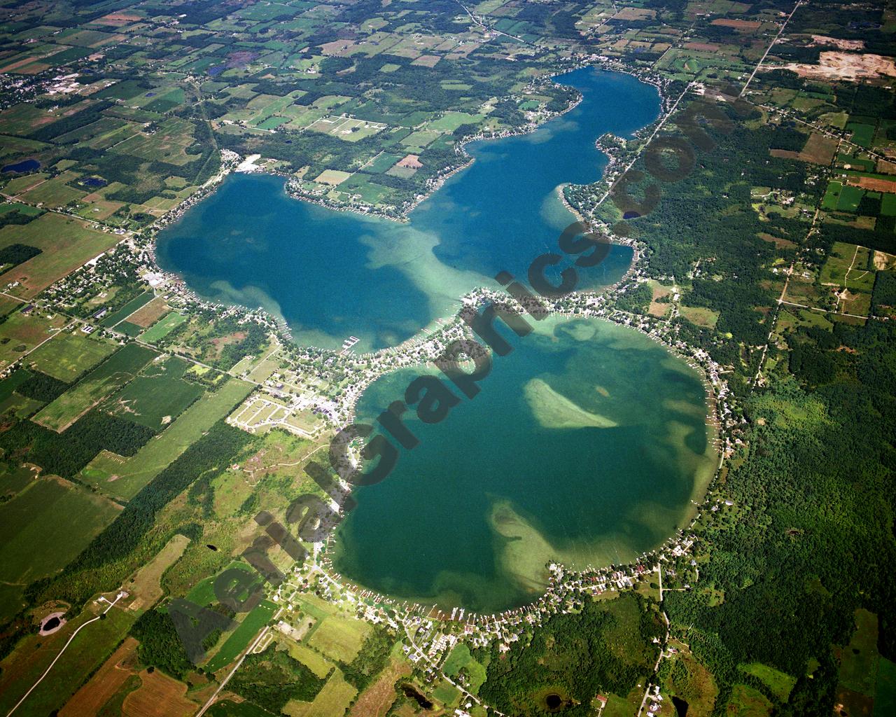 Aerial image of [2925] Devils Lake & Round Lake in Lenawee, MI with Canvas Wrap frame