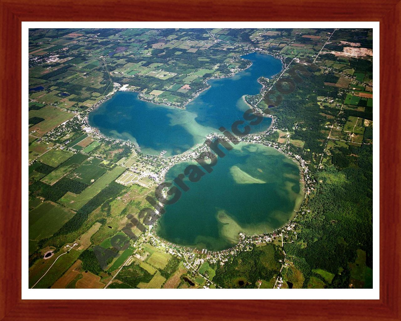 Aerial image of [2925] Devils Lake & Round Lake in Lenawee, MI with Cherry Wood frame