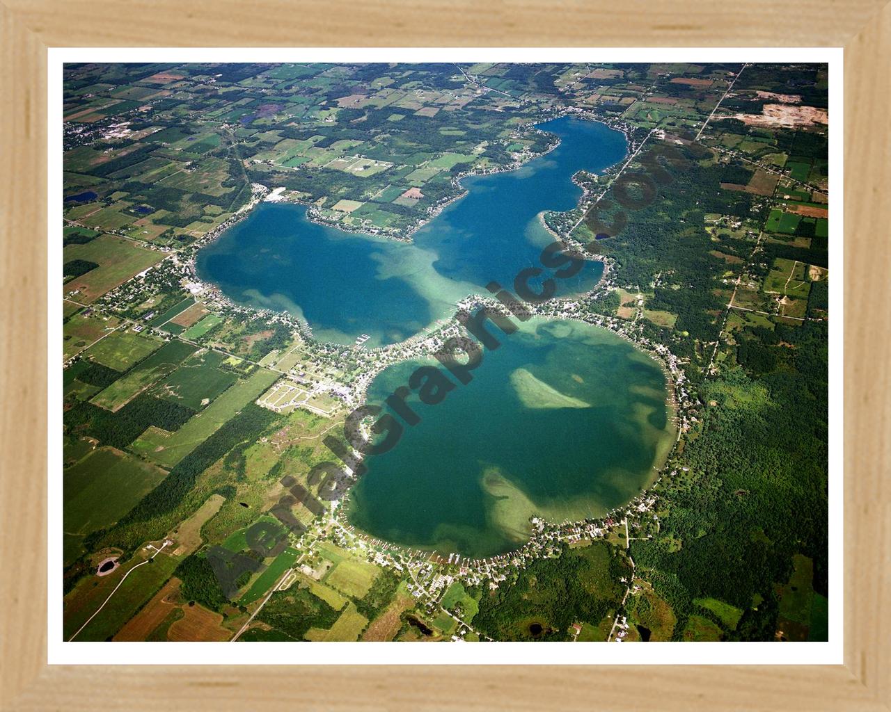 Aerial image of [2925] Devils Lake & Round Lake in Lenawee, MI with Natural Wood frame