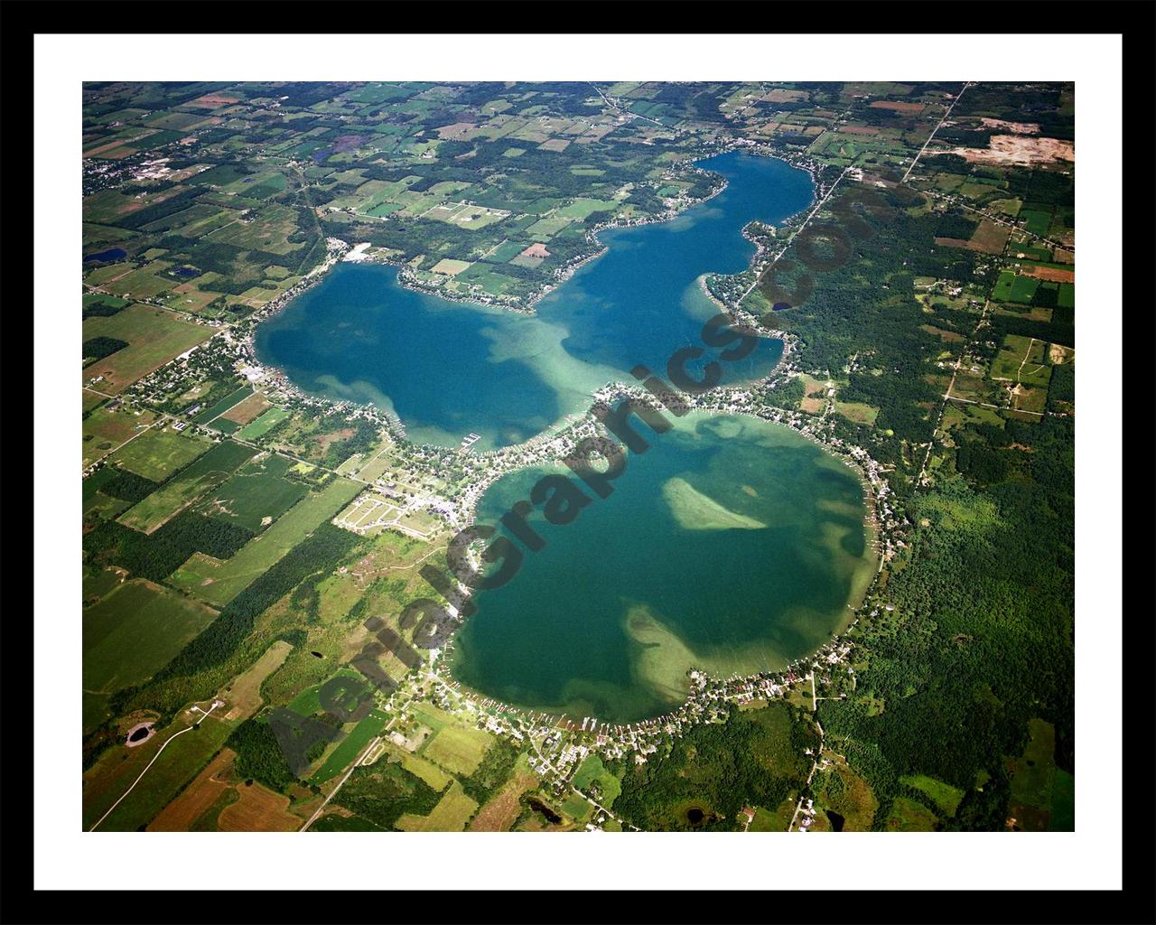 Aerial image of [2925] Devils Lake & Round Lake in Lenawee, MI with Black Metal frame