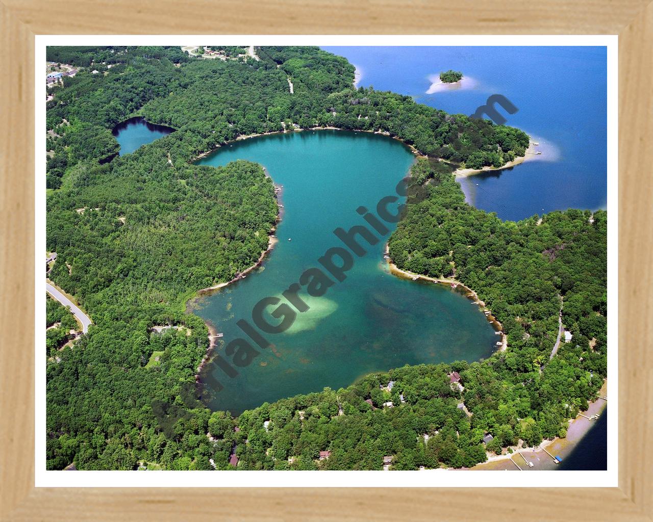 Aerial image of [2947] Mickey Lake in Grand Traverse, MI with Natural Wood frame