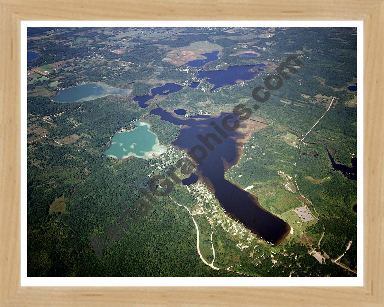 Aerial image of [2979] Half Moon, Blind, Patterson, Woodruff & Watson Lakes in Washtenaw, MI with Natural Wood frame