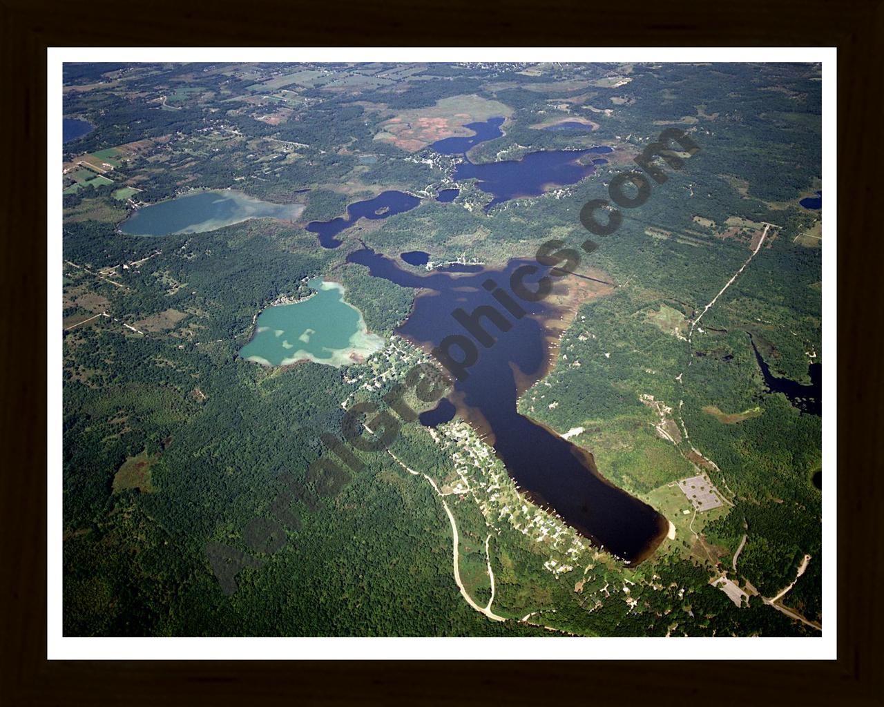 Aerial image of [2979] Half Moon, Blind, Patterson, Woodruff & Watson Lakes in Washtenaw, MI with Black Wood frame