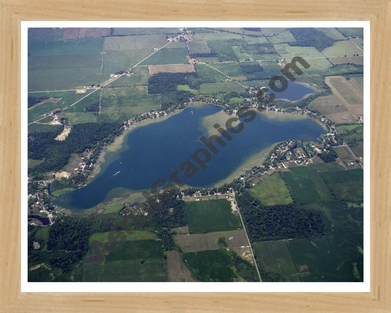 Aerial image of [2] Adams Lake in LaGrange, IN with Natural Wood frame