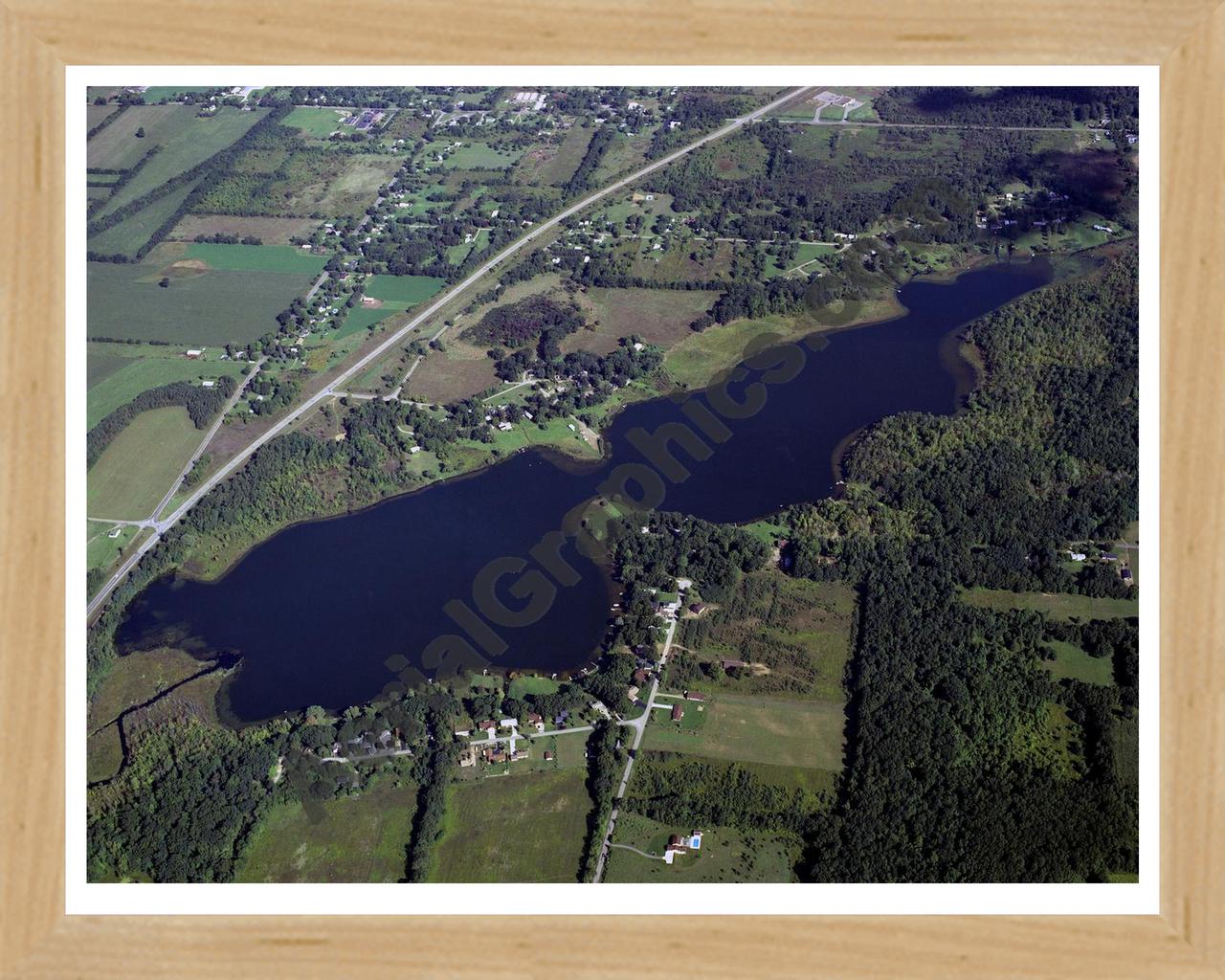 Aerial image of [303] Grahm Lake in Calhoun, MI with Natural Wood frame