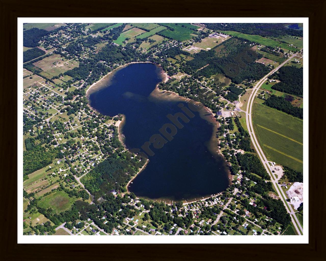 Aerial image of [30] Barron Lake in Cass, MI with Black Wood frame