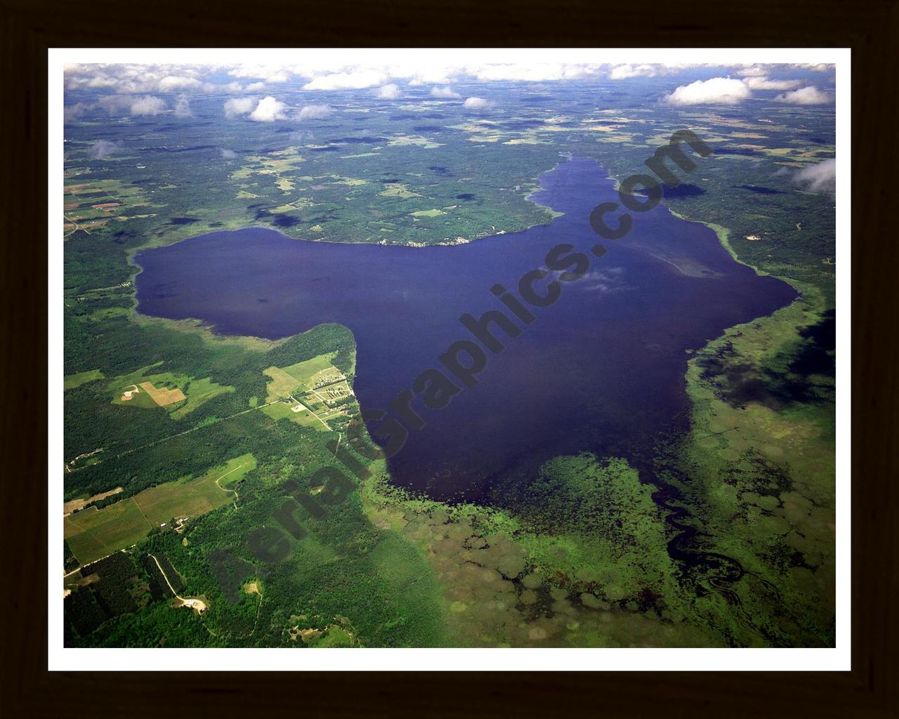 Aerial image of [3218] Fletcher Pond in Alpena, MI with Black Wood frame