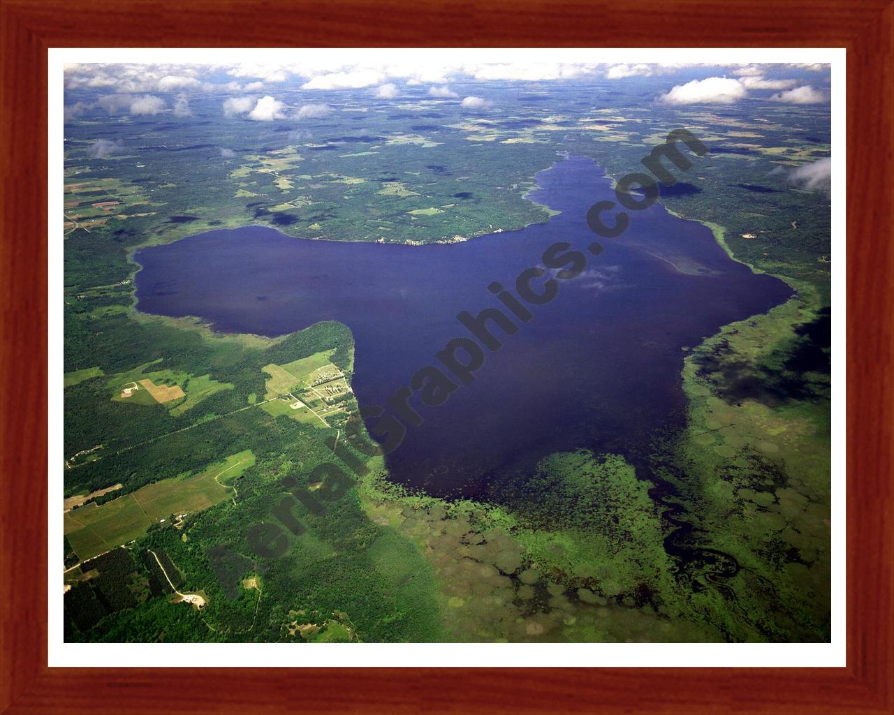 Aerial image of [3218] Fletcher Pond in Alpena, MI with Cherry Wood frame