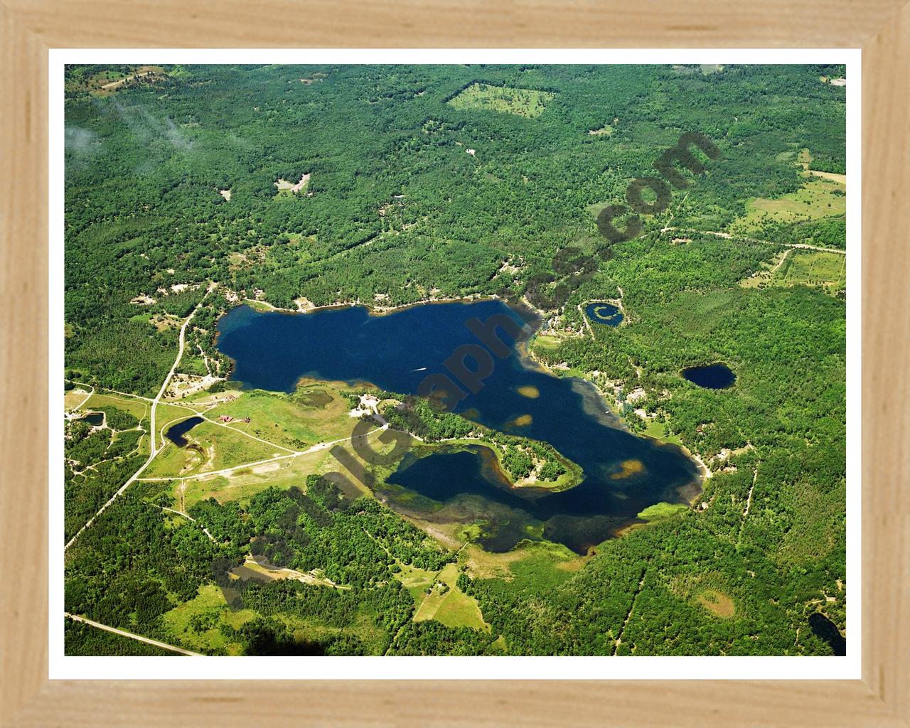 Aerial image of [3219] McCollum Lake in Oscoda, MI with Natural Wood frame